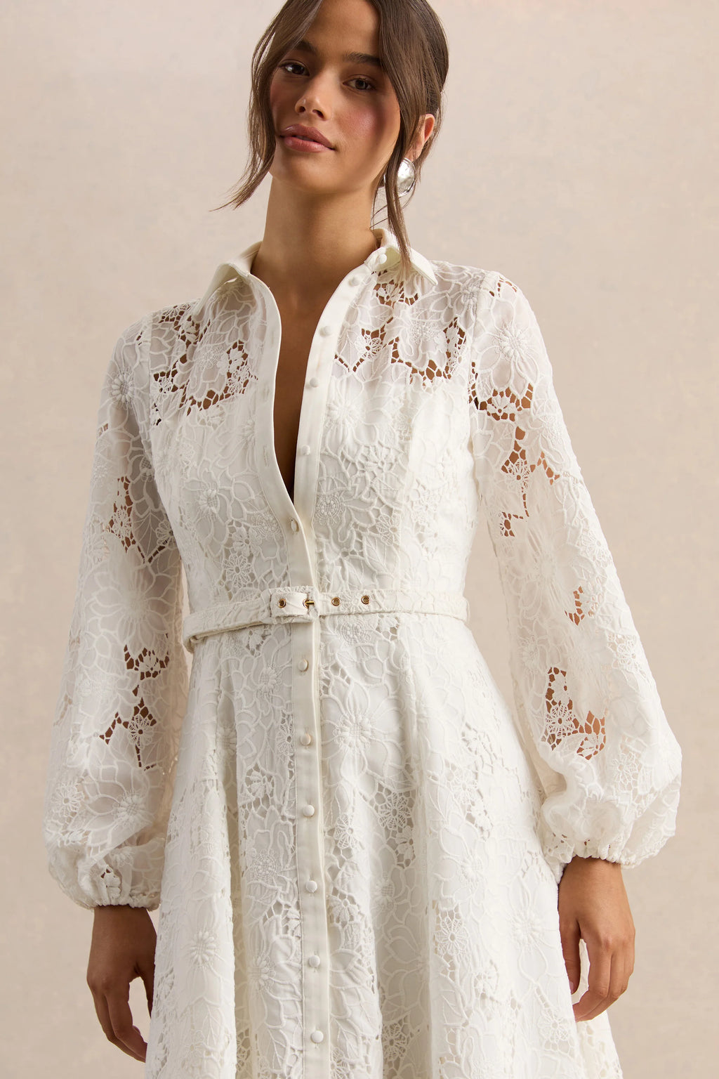 Jules | Cream Broderie High-Neck Tailored Midi Dress With Puff-Sleeves