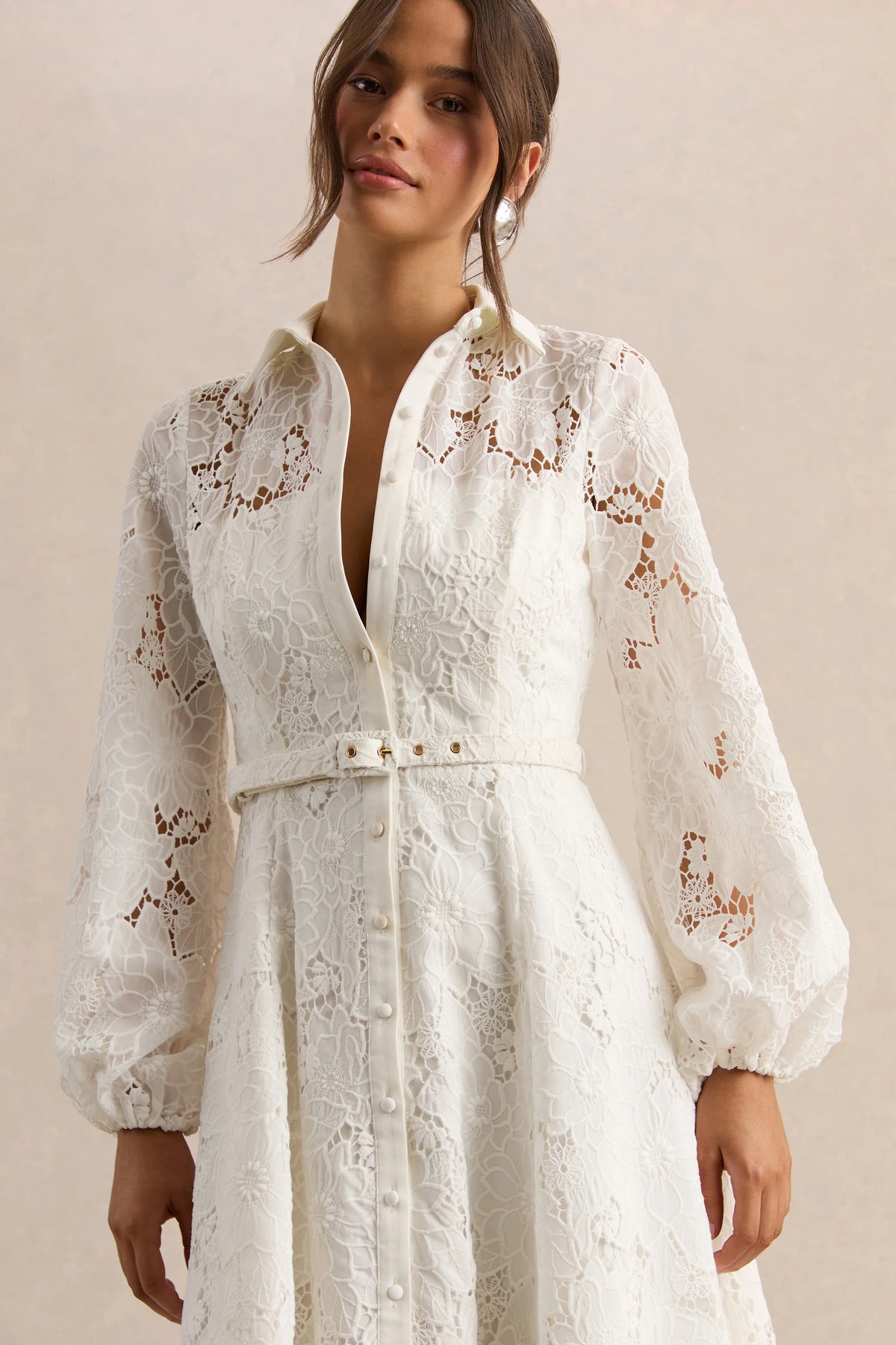 Jules | Cream Broderie High-Neck Tailored Midi Dress With Puff-Sleeves