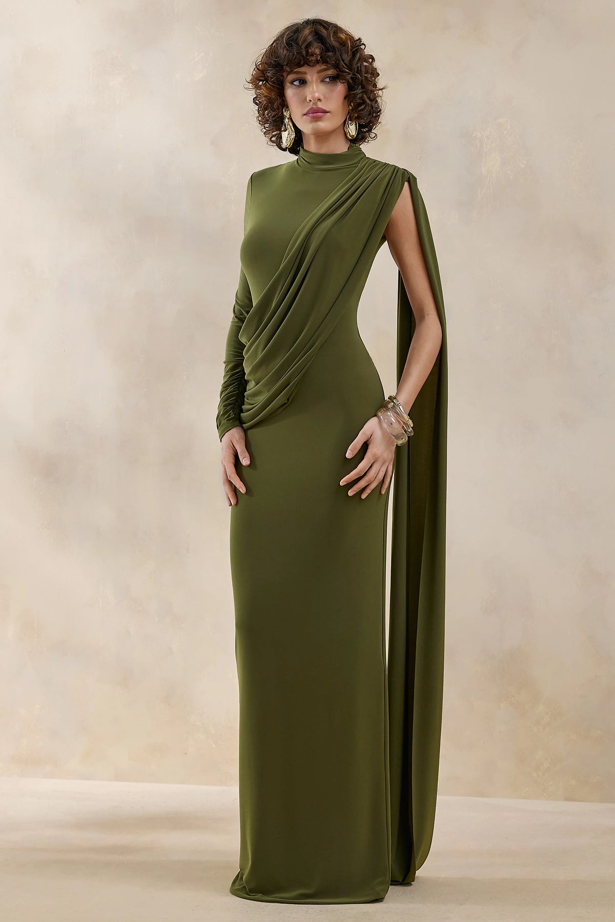 Oliria | Olive High-Neck Maxi Dress With One-Long Sleeve And Sash-Detail