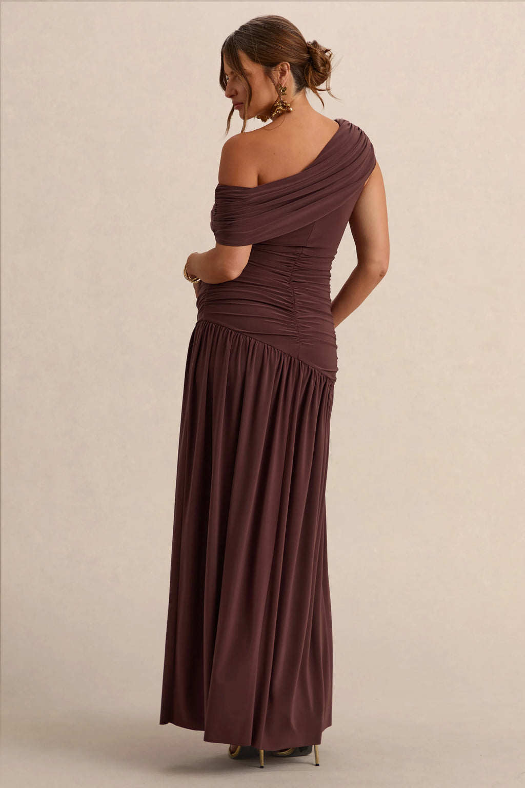 Marjorie | Dark Brown Asymmetric-Neck Maternity Maxi Dress