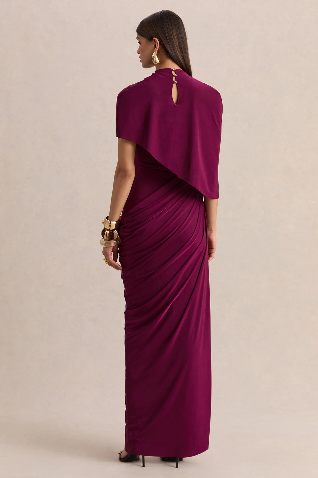 Lunaline | Burgundy High-Neck Maxi Dress With Asymmetric Cape And Draped-Detailing