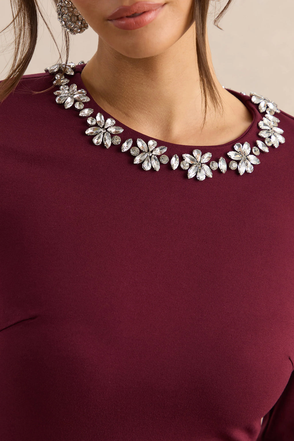 Mirna | Burgundy Crew-Neck Mini Dress With Bell Sleeves And Ruffled Detailing