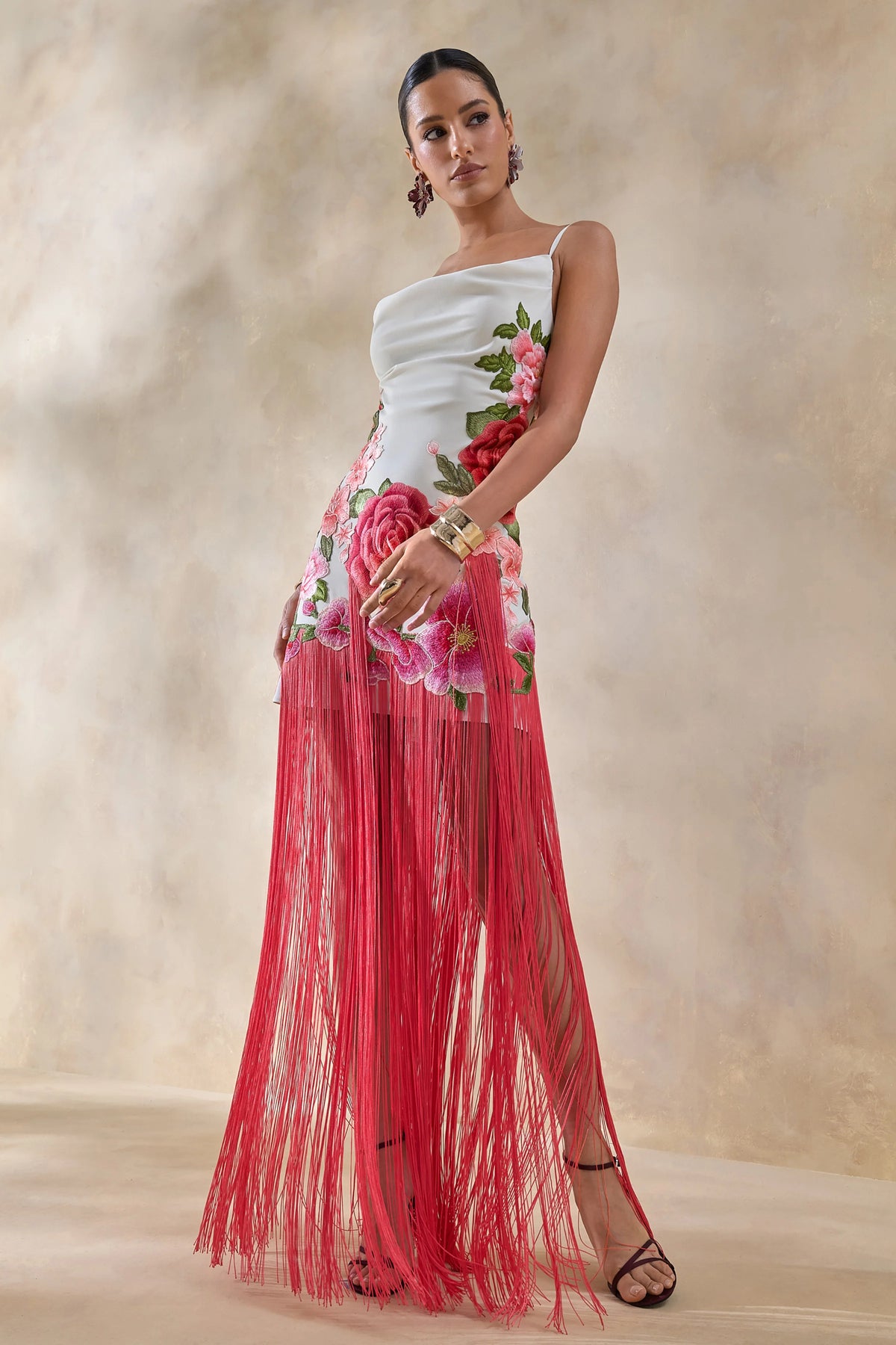 Bejewelled | Cream and Pink Floral Cowl-Neck Maxi Dress With Fringe Hem