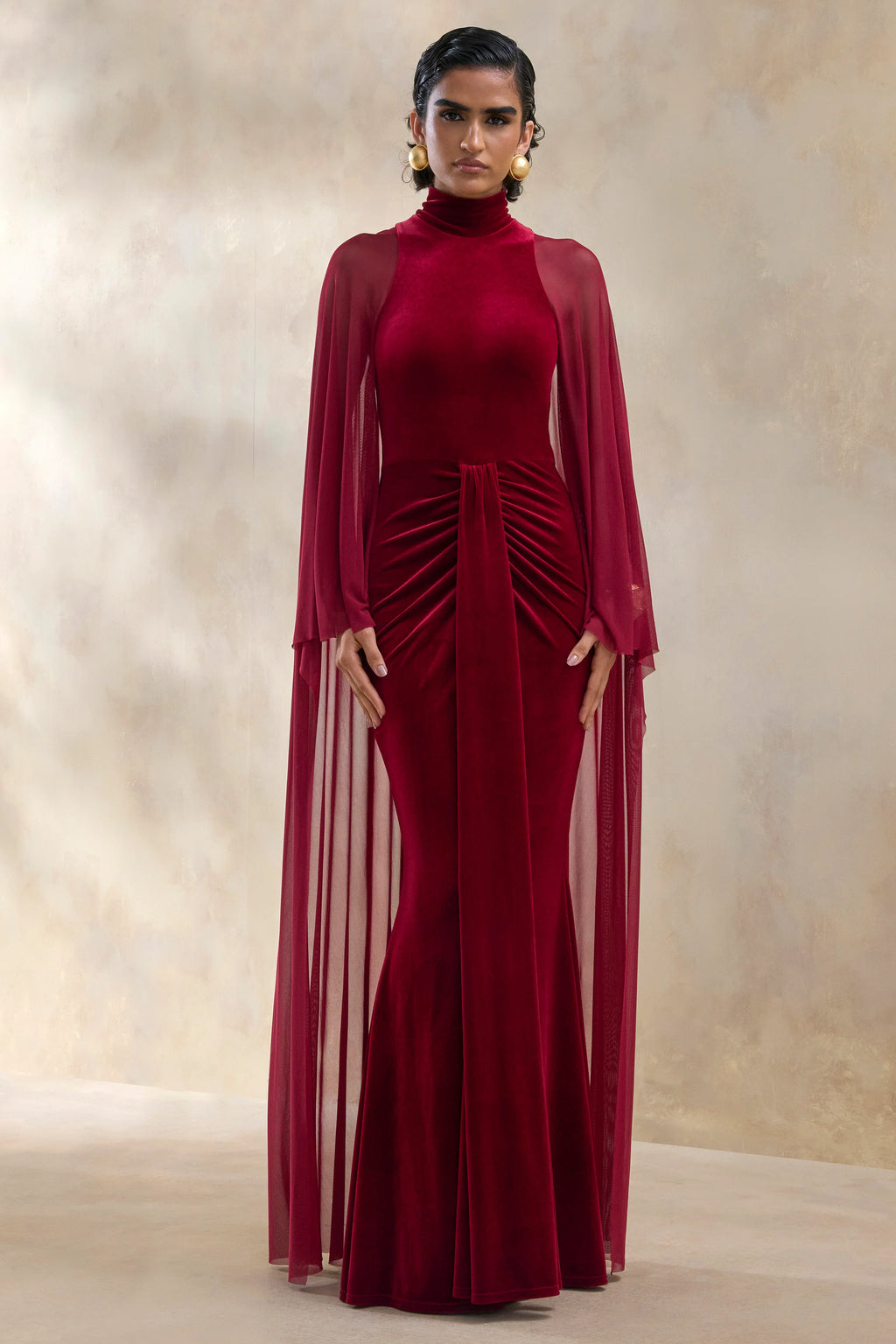 Adoring | Burgundy Velvet High-Neck Maxi Dress With Cape