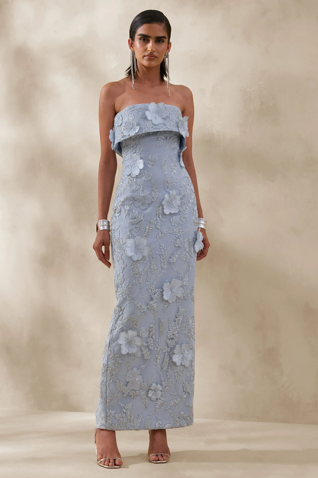 Misha | Light Blue 3D Floral Bandeau Maxi Dress