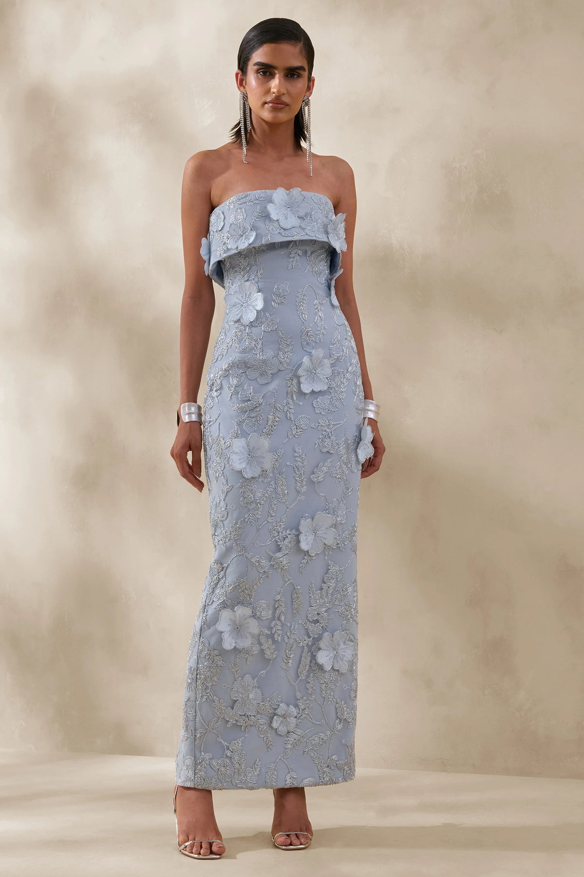 Misha | Light Blue 3D Floral Bandeau Maxi Dress