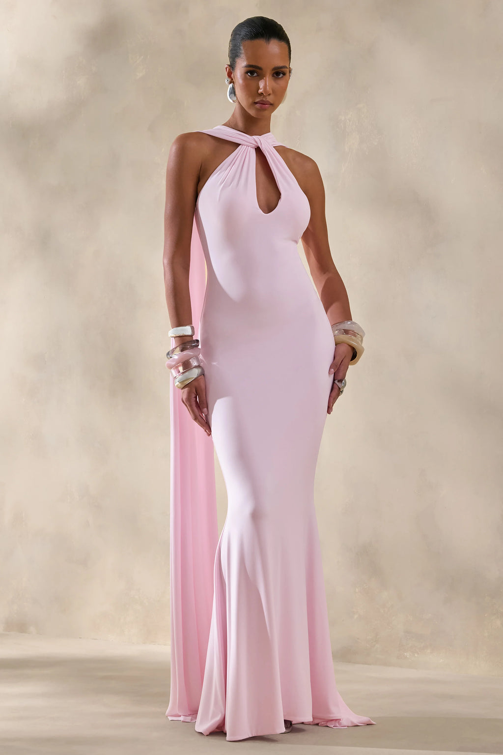 Rhoda | Light Pink Twist Halter-Neck Cape Maxi Dress