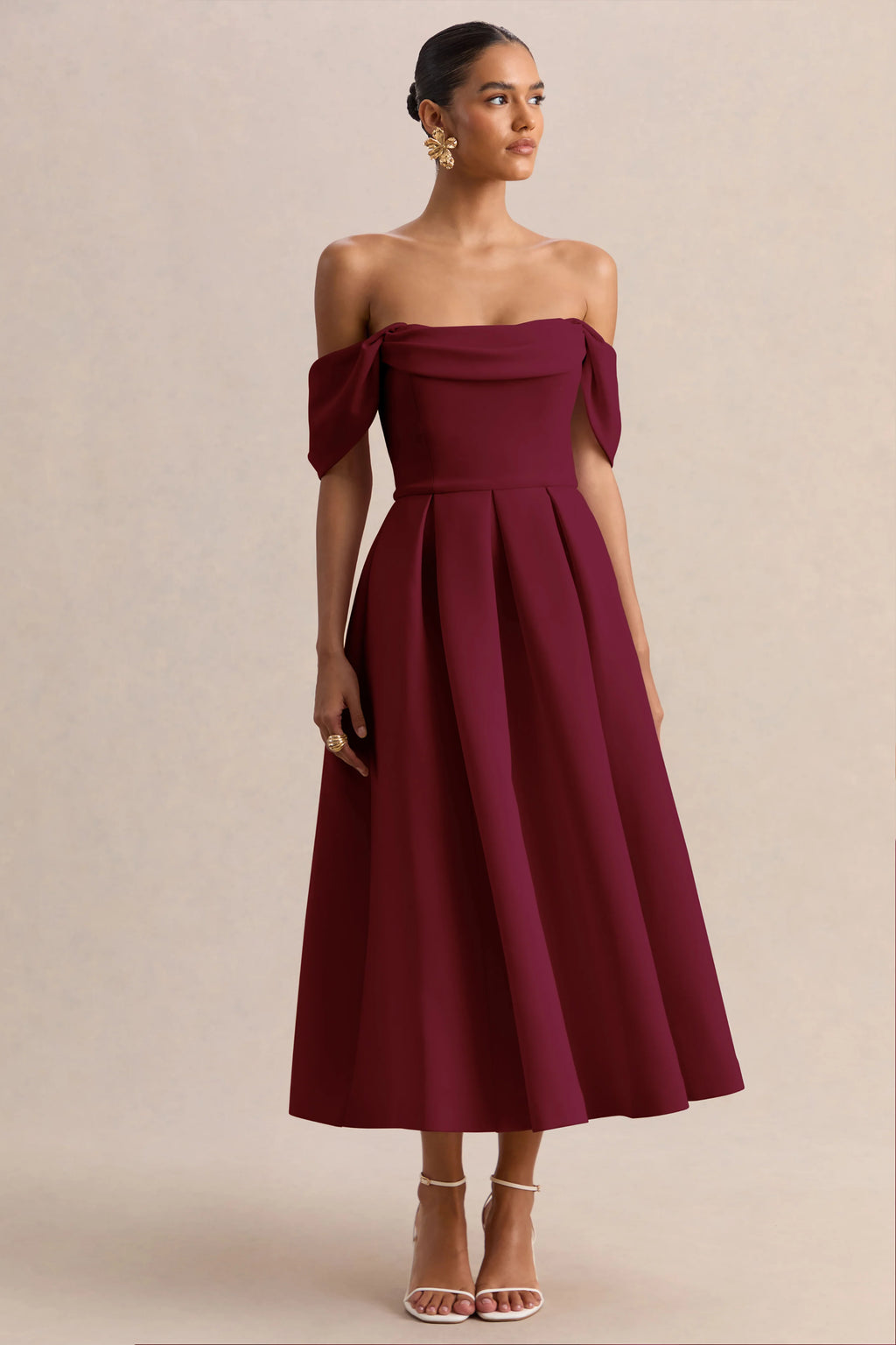 Cosima | Burgundy Bardot-Neck Midi Dress