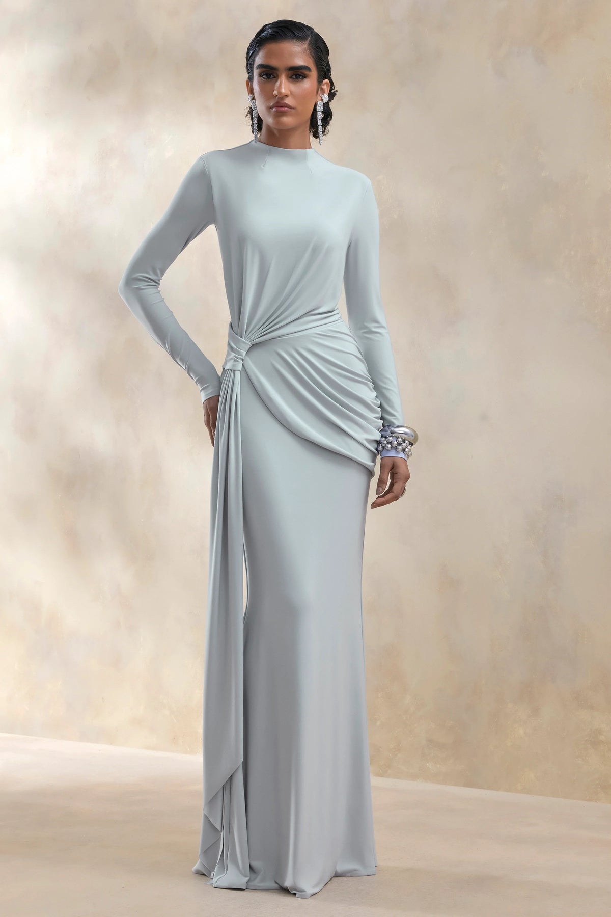 Kyrissa | Blue High-Neck Maxi Dress With Gathered-Detailing