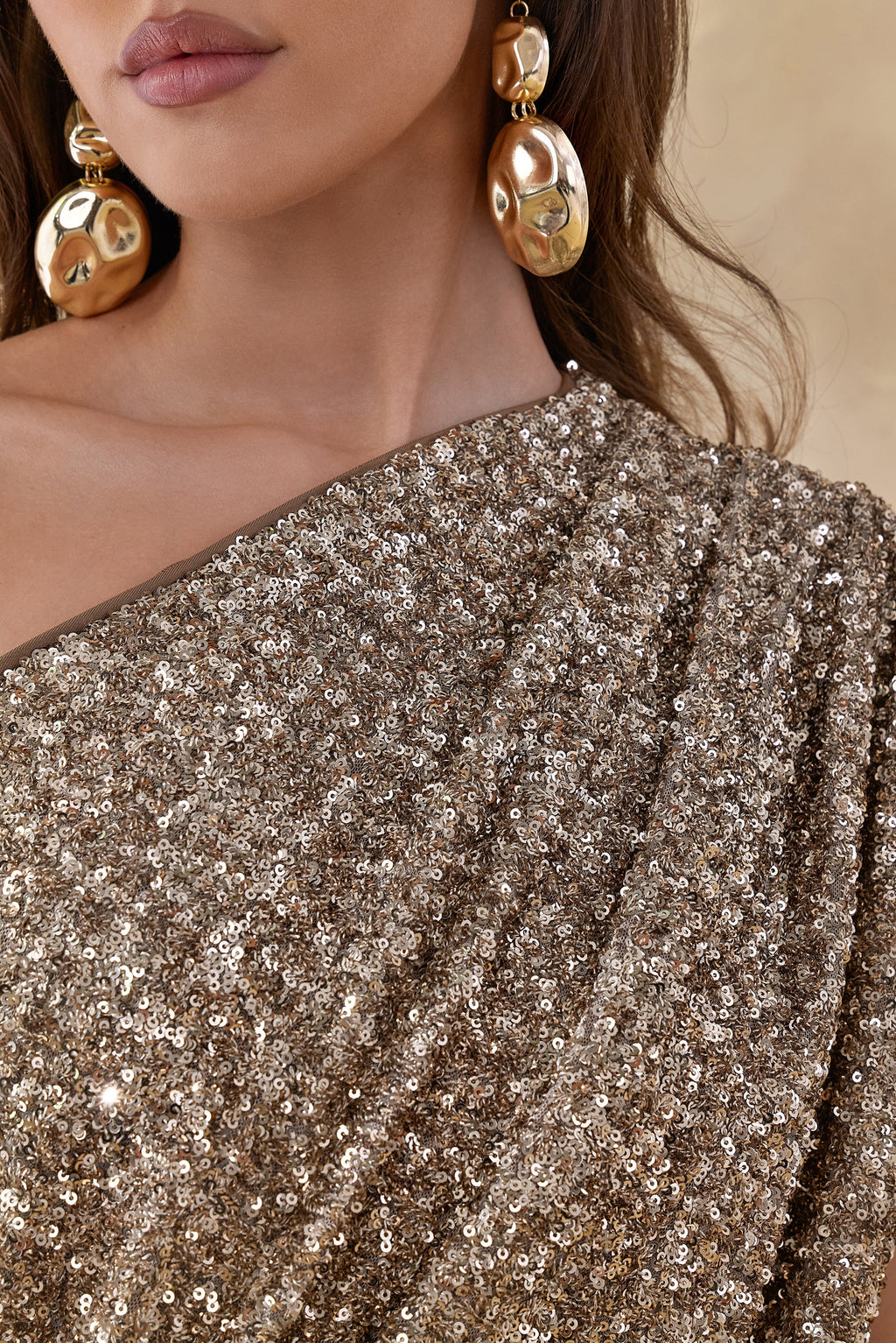 Liori | Champagne Sequin Asymmetric-Neck Maxi Dress With Sash