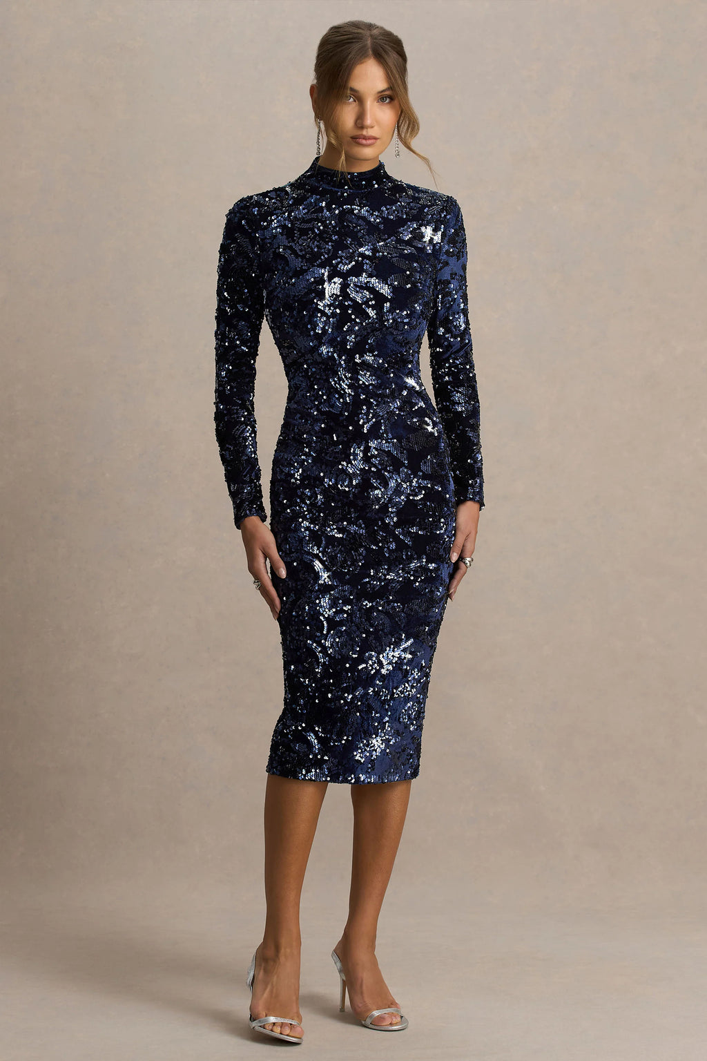 Alanita | Navy Velvet And Sequin Embellished High-Neck Midi Dress With Long Sleeves