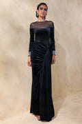 Perrin | Black Velvet Crew-Neck Maxi Dress With Embellished Cuffs