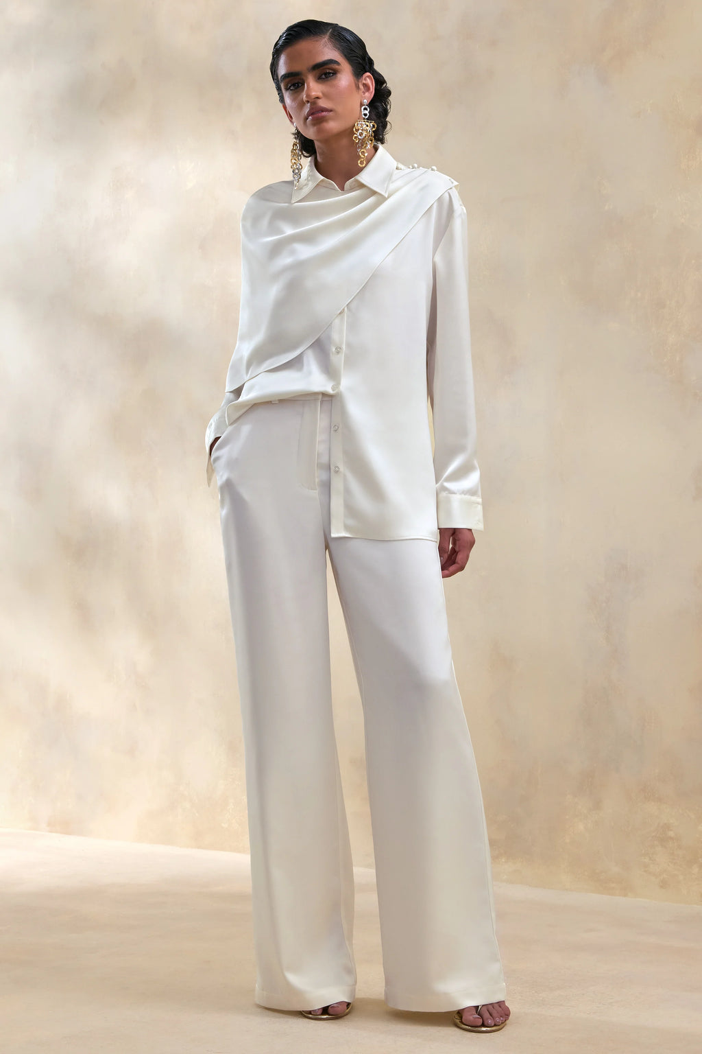 Ilena | Cream Satin Wide-Leg Trouser