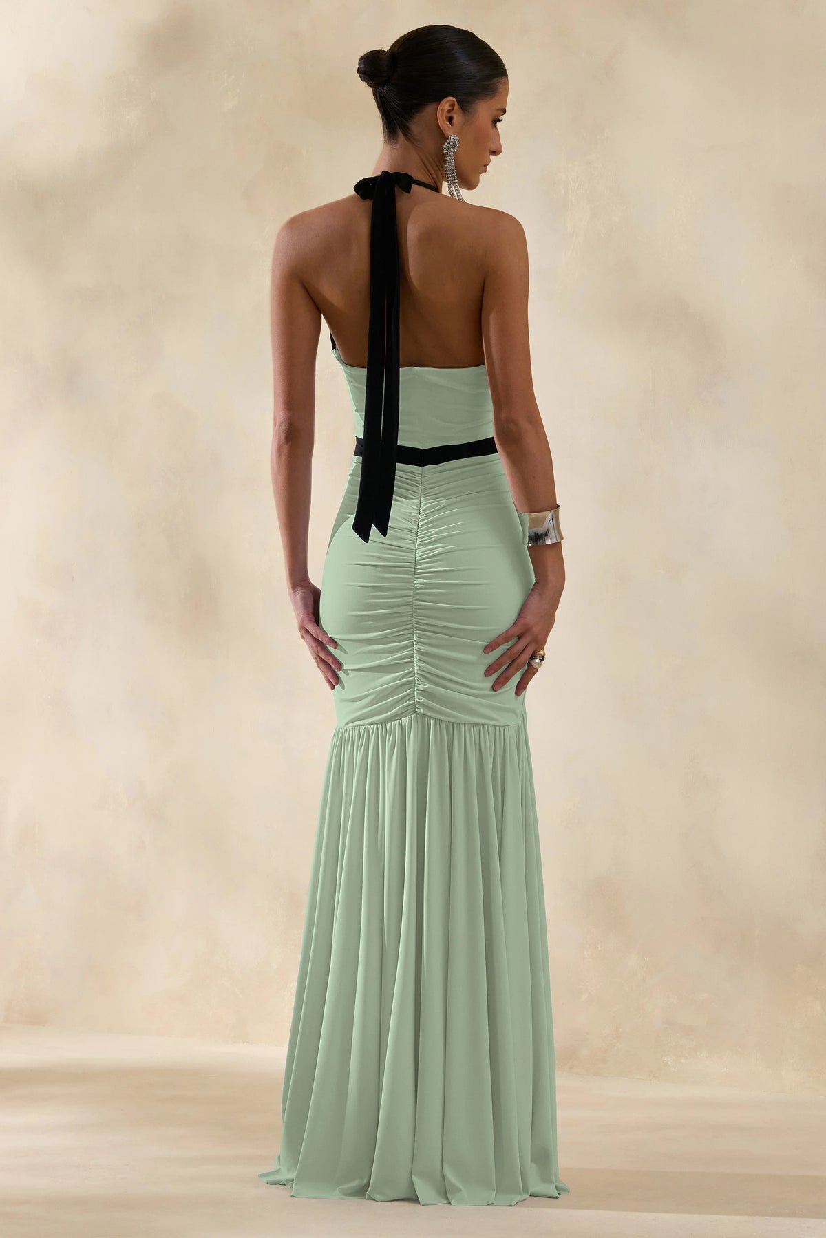Cosmina | Mint Plunge-Neck Maxi Dress With Bow-Detail