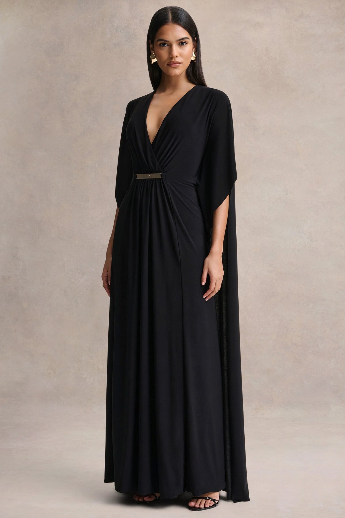 Romilly | Black Plunge-Neck Maxi Dress With Gathered Detail
