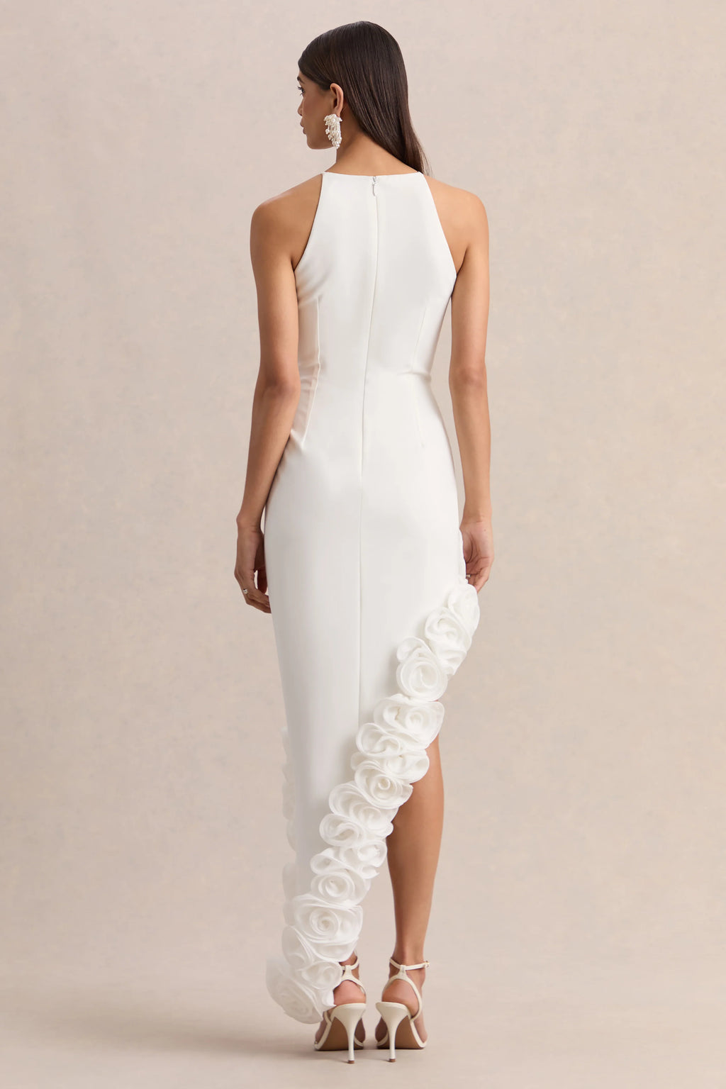 Indira | White Halter-Neck Maxi Dress With Asymmetric-Floral Hem