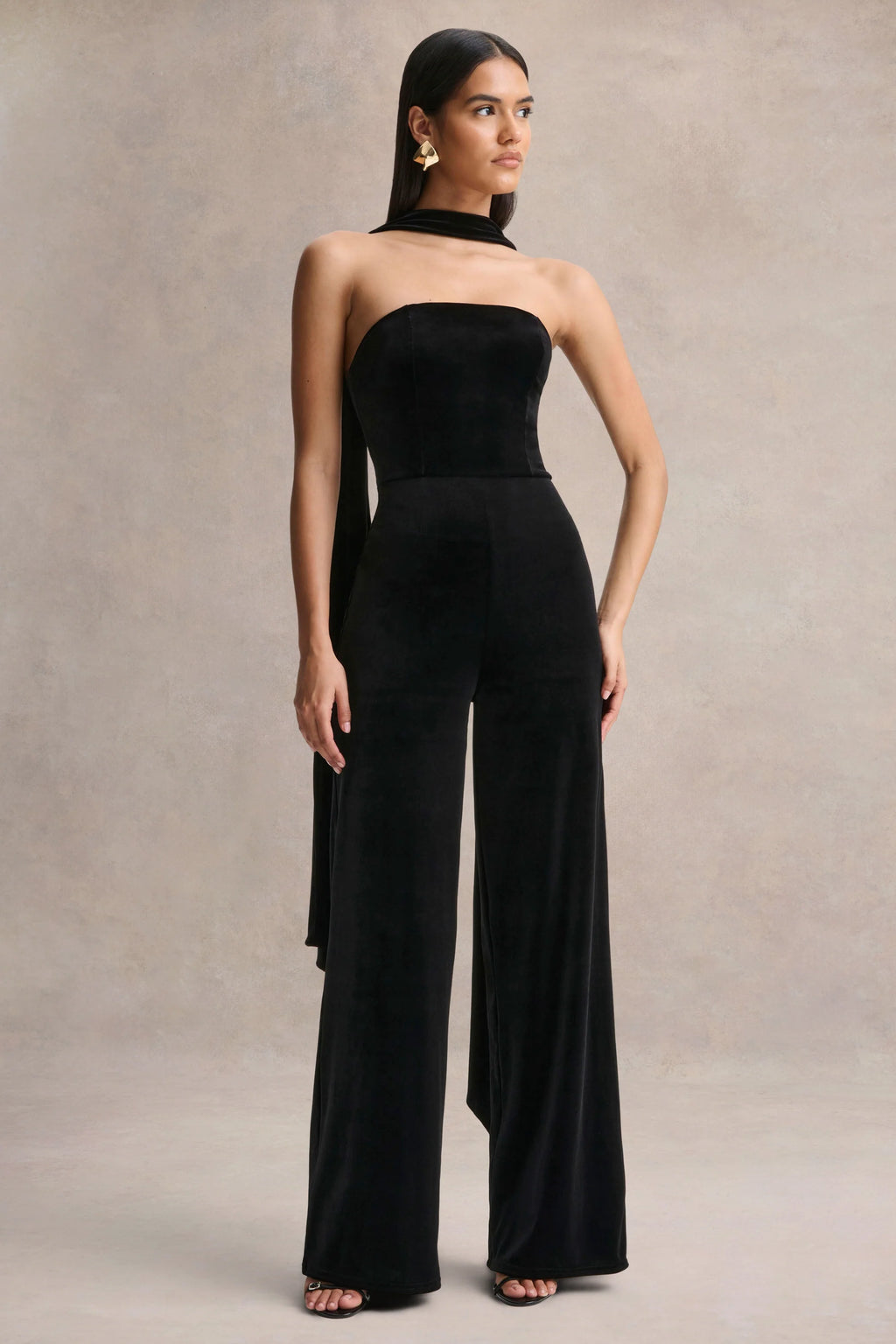 Arcane | Black Velvet Bandeau Jumpsuit With Scarf