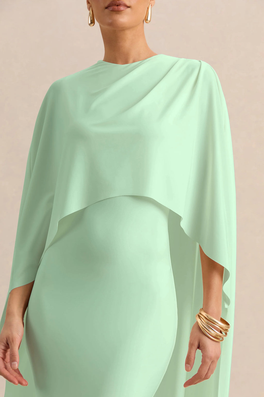 Luxalyn | Green Round-Neck Midi Dress With Cape-Detail
