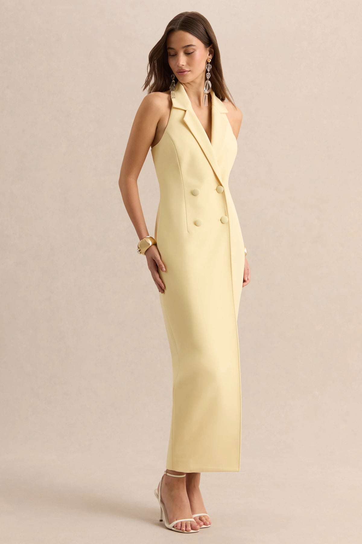 Hana | Lemon Plunge-Neck Tailored Maxi Dress