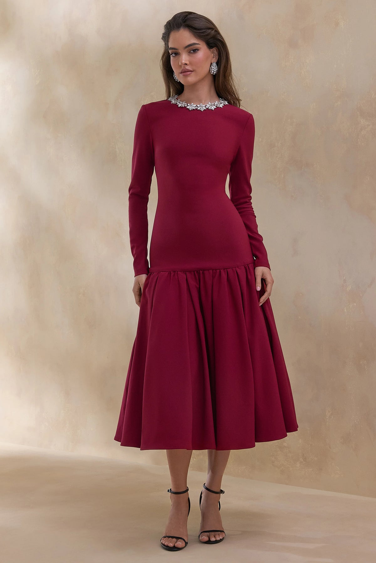 Jovana | Burgundy Hand-Embellished Crew-Neck Midi Dress With Drop Waist