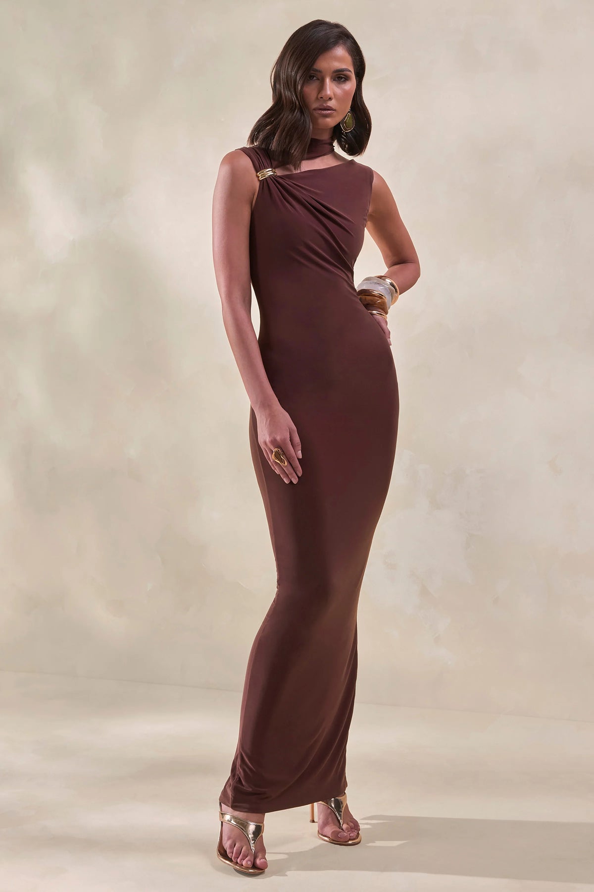 Cyrilla | Brown High-Neck Maxi Dress With Gold-Detail