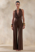 Clemence | Brown Plunge-Neck Jumpsuit