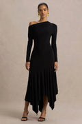 Isola | Black Asymmetric-Neck Midi Dress With Hanky-Hem