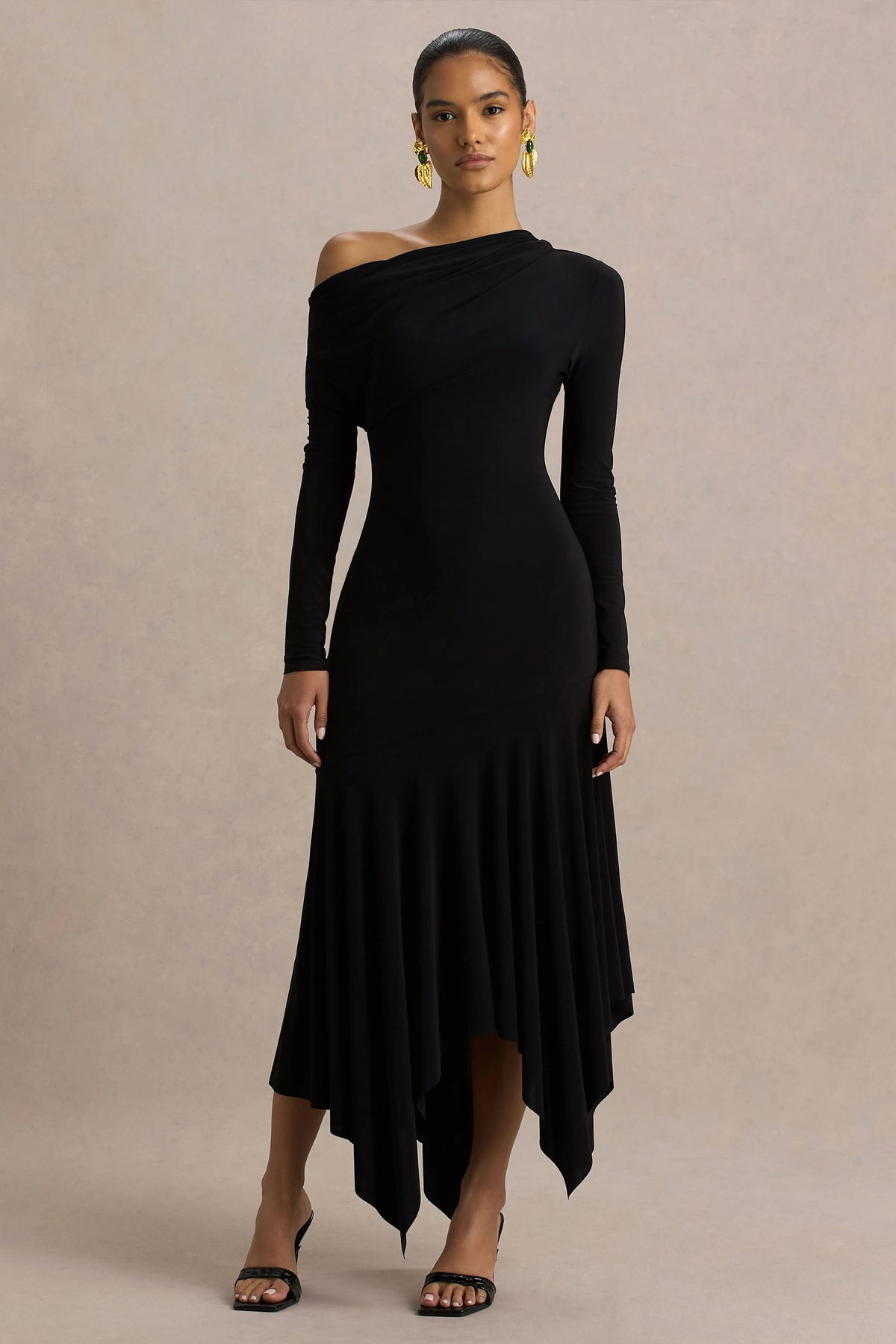 Isola | Black Asymmetric-Neck Midi Dress With Hanky-Hem