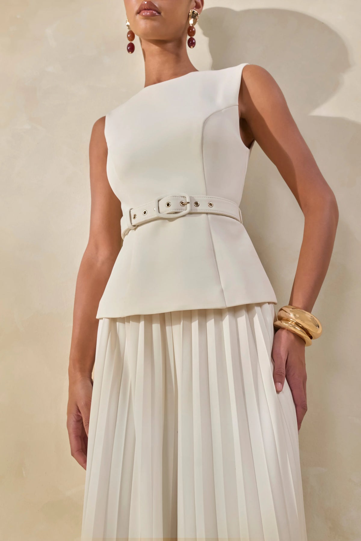 Karienne | Cream Round-Neck Top With Belted-Detail