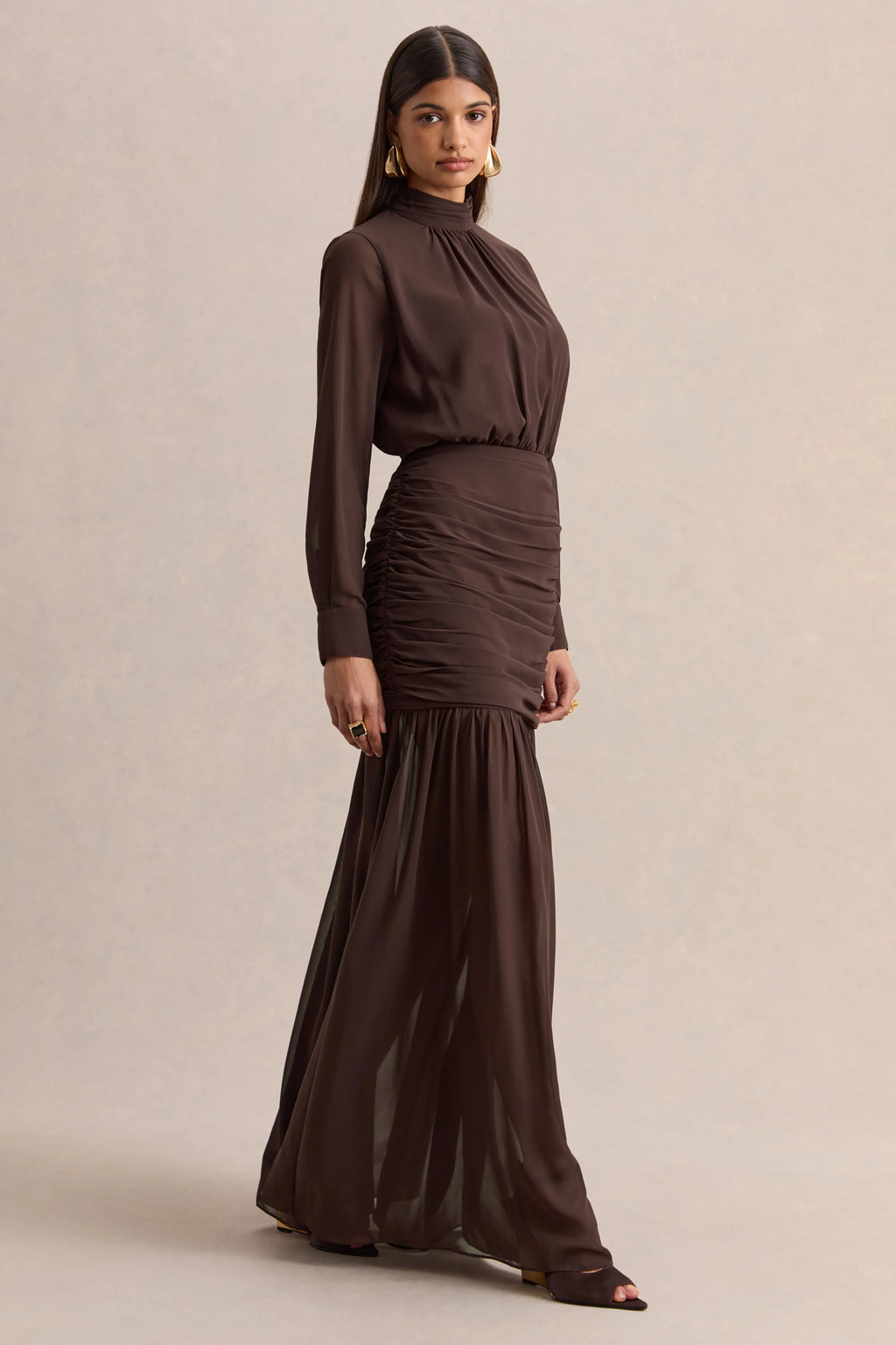 Zella | Brown High-Neck Maxi Dress With Sheer-Skirt