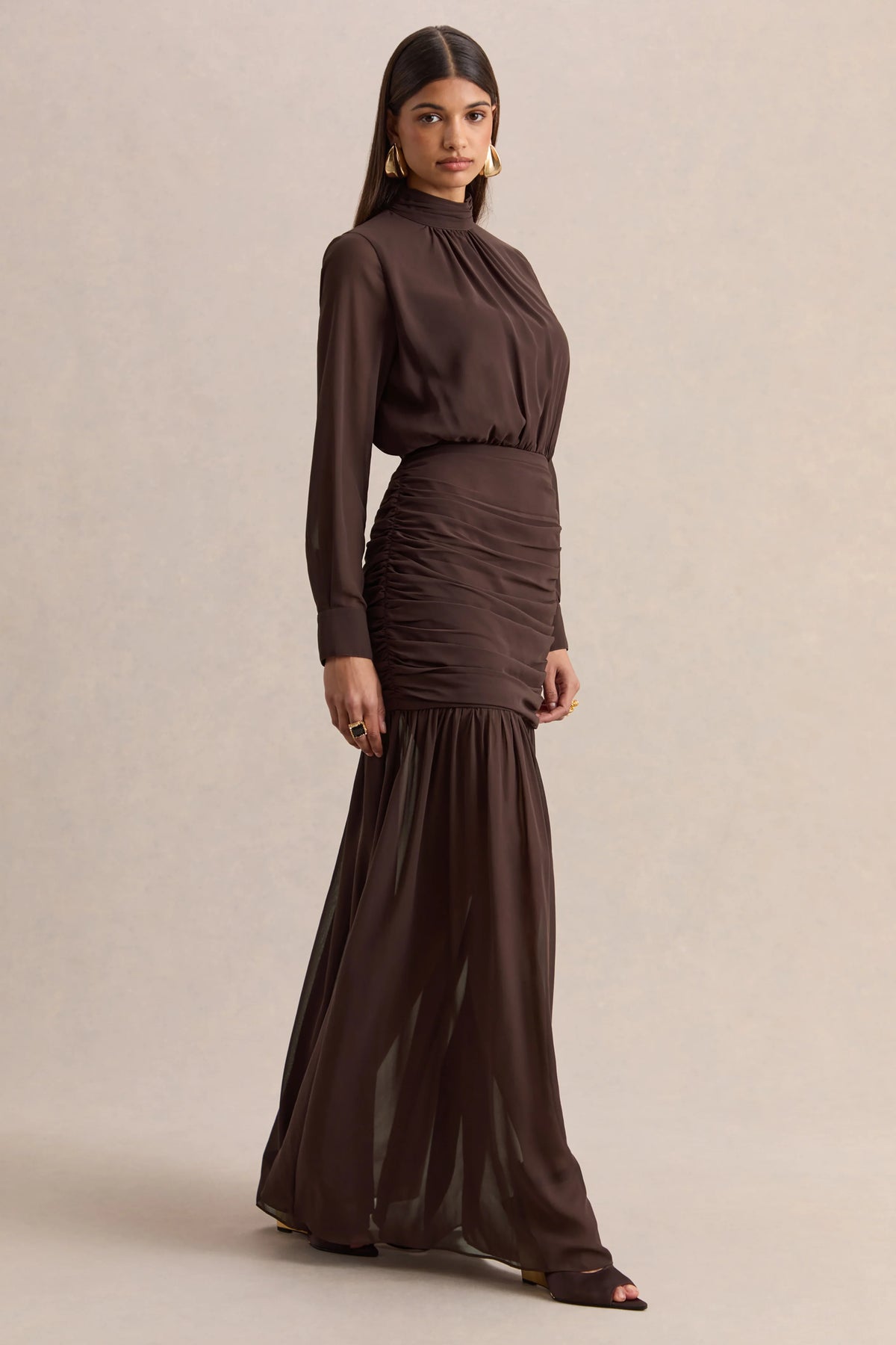Zella | Brown High-Neck Maxi Dress With Sheer-Skirt