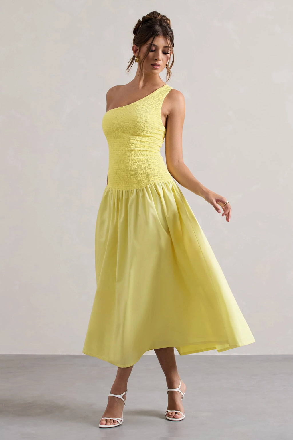 Sorbet | Lemon Poplin One Shoulder Pleated Maxi Dress