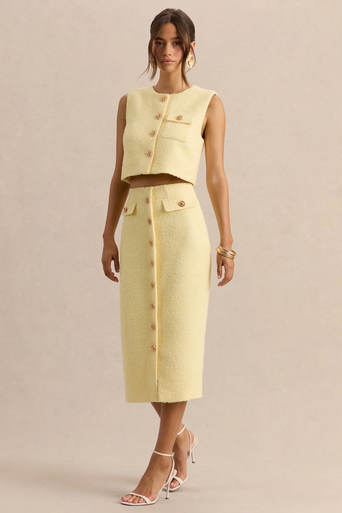 Glyra | Lemon Tailored Midi-Skirt With Button-Detailing