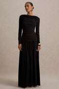 Aniyah | Black High-Neck Maxi Dress With Ruched Detailing