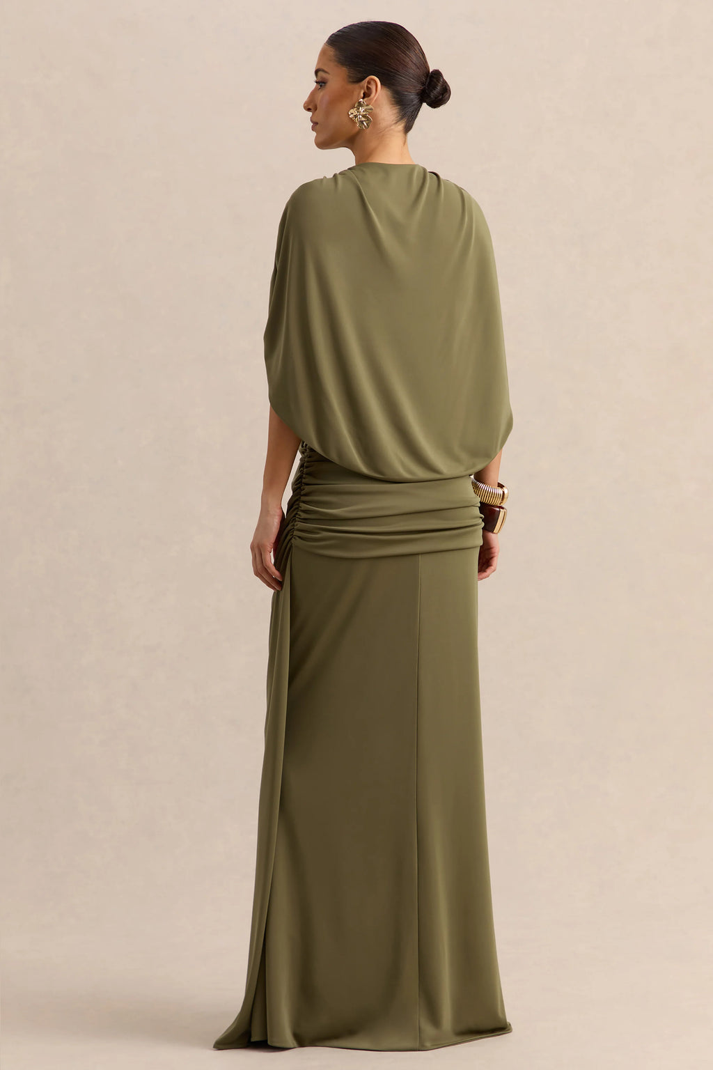 Marisea | Green Plunge-Neck Maxi Dress With Cape-Sleeves