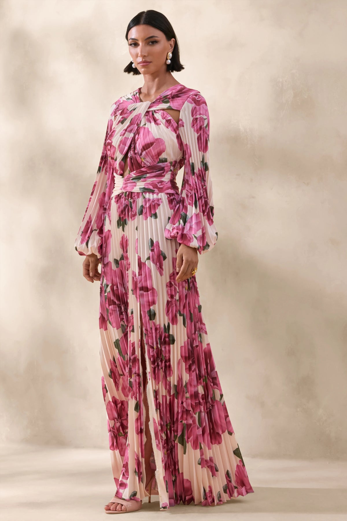 Rionna | Pink Hibiscus Print High-Neck Maxi Dress With Cut-Out Detailing