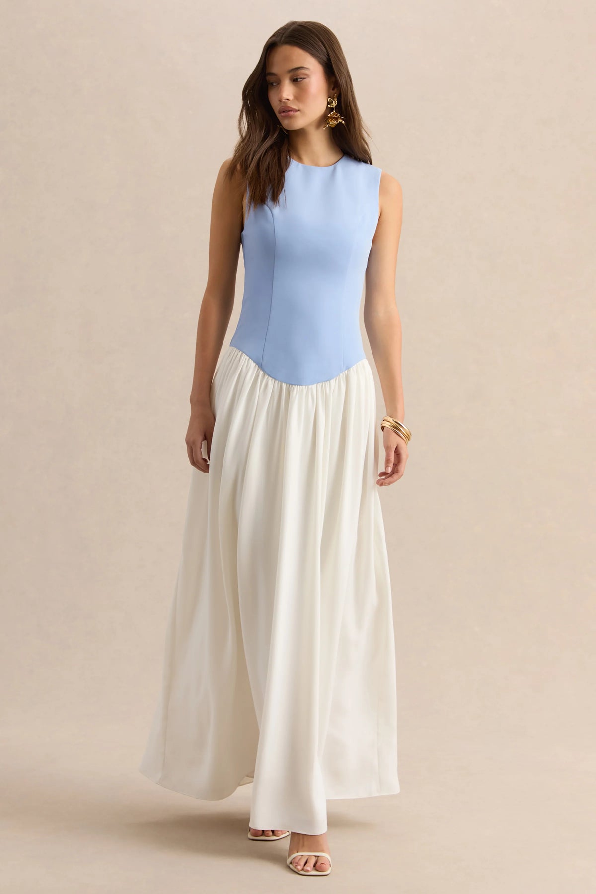Iliana | Powder Blue And White Crew-Neck Maxi Dress With Drop-Waist And Pleated Skirt