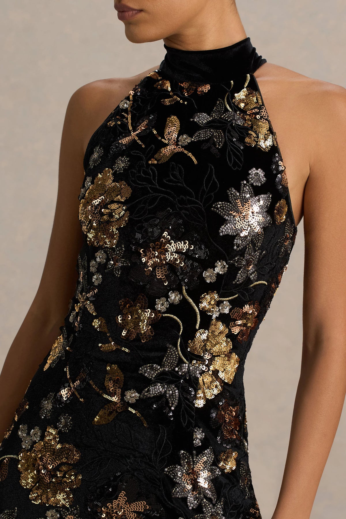 Tate | Black Velvet Halter-Neck Maxi Dress With Bronze Floral Sequin Embellishments