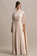 Olessia | Champagne Belted Gathered Cape-Sleeve Maxi Dress