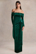 Jessara | Bottle Green Bardot-Neck Maxi Dress With Knot-Details