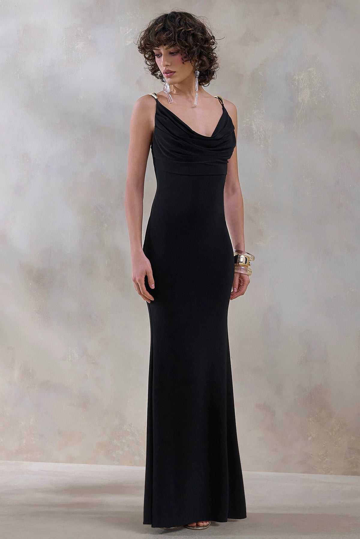 Iridessa | Black Plunge-Neck Maxi Dress
