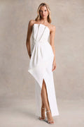 Dreamy Whispers | Cream Strapless Ruffle Split Maxi Dress